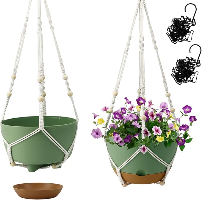 Hanging Planter Self Watering 10 Inch, 2 Pack Indoor Outdoor Hanging Baskets, Hanging Flower Pots with Drainage Hole & 2 Kinds of Plant Hangers for Garden Home Decor(Green)…