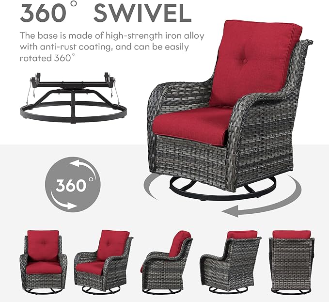 5 Pieces Patio Furniture Sets Wicker Outdoor Furniture, Rattan Patio Swivel Glider Chairs with 2 Ottoman and Glass Side Table