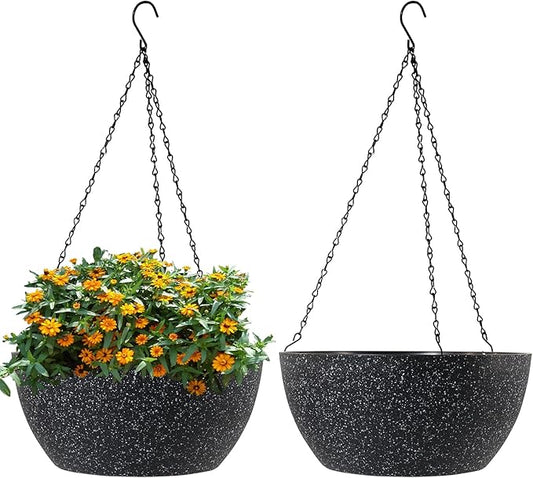 13 inch Large Hanging Planters Plant Pots for Outdoor Indoor Plants with Drainage Holes and Chain, 2 Pack Round Hanging Flower Pots for Garden Home Porch Decor, Speckled Black