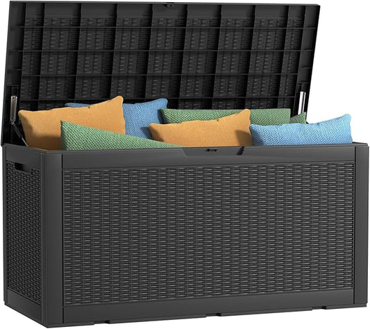 100 Gallon Outdoor Deck Box,Storage Lockable Waterproof Patio Furniture,Garden Tools,Cushions,Pool Accessories Outside Storage Resin Box(Black)