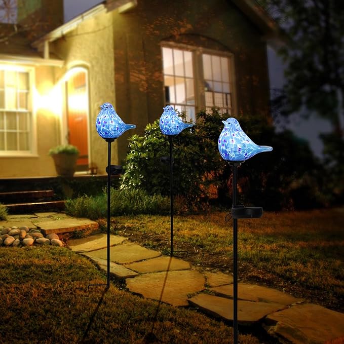 Afirst Decorative Solar Lights Outdoor Solar Bluebird Stake Lights Hand Blown Glass Decorative Garden Pathway Lights Outdoor Waterproof Glass Stakes