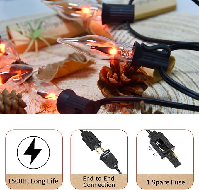 12.8Ft Christmas Lights Flickering Flame String Lights with 12 Pack Clear C7 Flame Light Bulbs（2 Spare）, Great for Indoor Outdoor Home Patio Party Christmas Decorations Lights, 1W, E12 Base