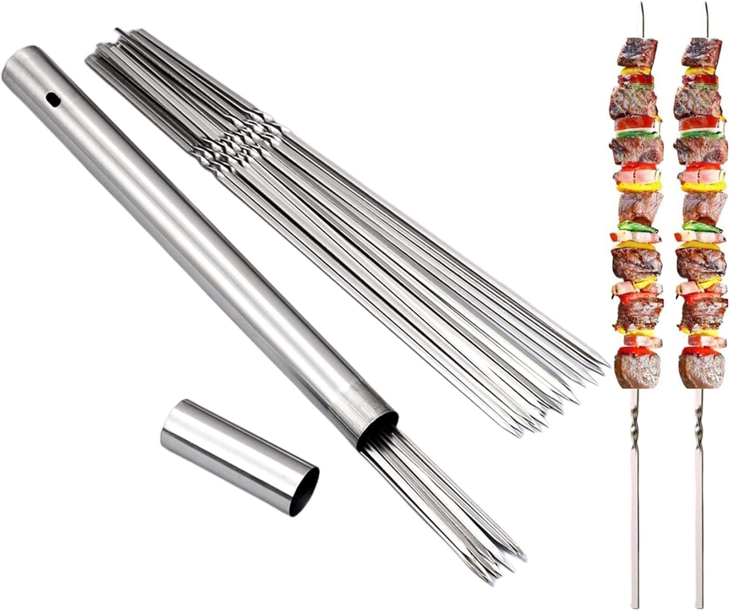 304 Stainless Steel 13.2" Long Flat Barbecue Skewers,20PCS/40PCS BBQ Kebab Skewers with Portable Metal Storage Tube,Reusable for Grilling Barbecue Kitchen Party and Outdoor Cooking (40PCS)