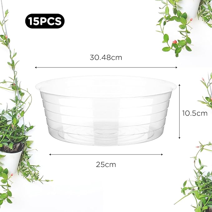 Hoolerry Plastic Plant Saucer Clear Deep Drip Tray Thickened Clear Plant Saucers Trays for Pots Deep Drip Trays for Home Garden Indoor and Outdoor Potted(15 Pcs,12 Inch)
