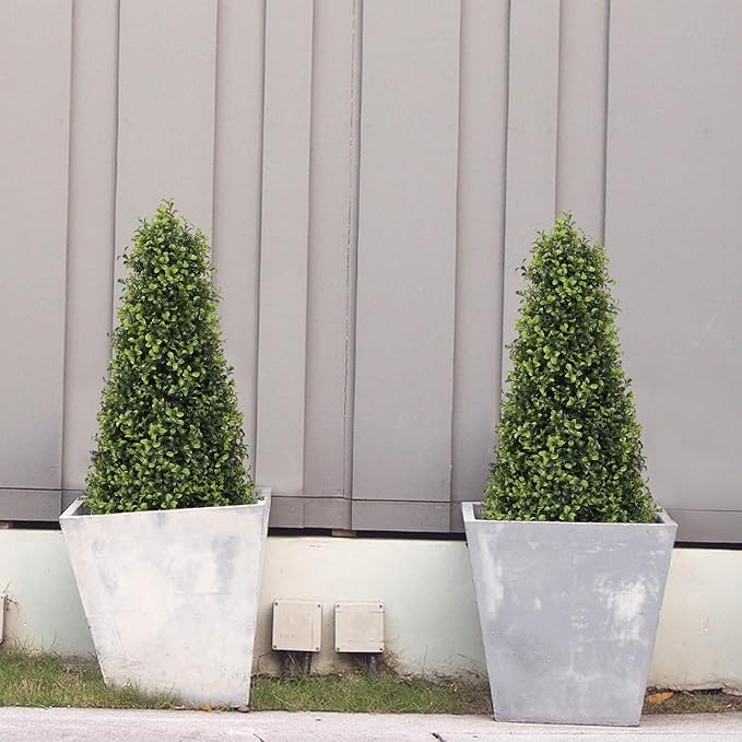 3ft Artificial Boxwood Topiary Trees (Set of 2) - UV Resistant Faux Plants Outdoor, Realistic 36in Fake Cone Bushes and Shrubs for Front Porch, Planter, Patio - Low Maintenance & Evergreen