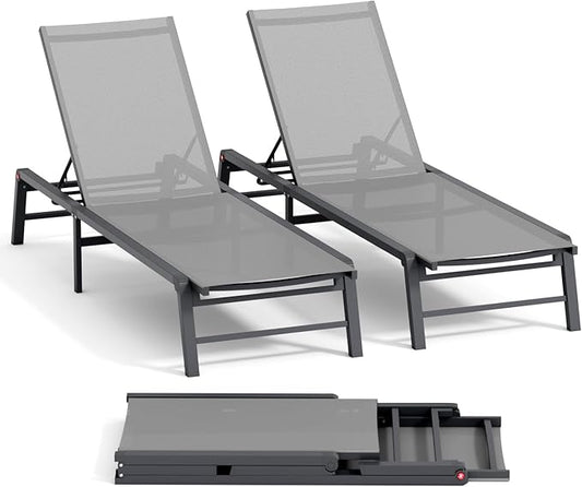 Aluminum Chaise Lounge Chair Outdoor, Foldable Patio Lounge Chair 2 Sets Assemble-Free, Pool Lounge Chairs with 5 Adjustable Backrest, Outdoor Lounge Chairs for Outside Poolside Beach Lawn Grey