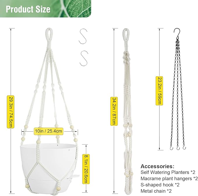 10 inch Self Watering Hanging Planters, 2 Pack Hanging Flower Pots for Indoor Outdoor Plants, Hanging Baskets with Drainage Holes & 2 Kinds of Plant Hangers for Garden Home Decor, White