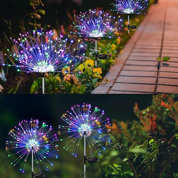 Honche Pack of 4 Upgrade Solar Fireworks 120LEDs Garden Fairy Lights, ROHS CE Certified 120 Led DIY Shapes Multicolored Lights IP65 Weatherproof for Christmas Pathway Parties Garden Decor
