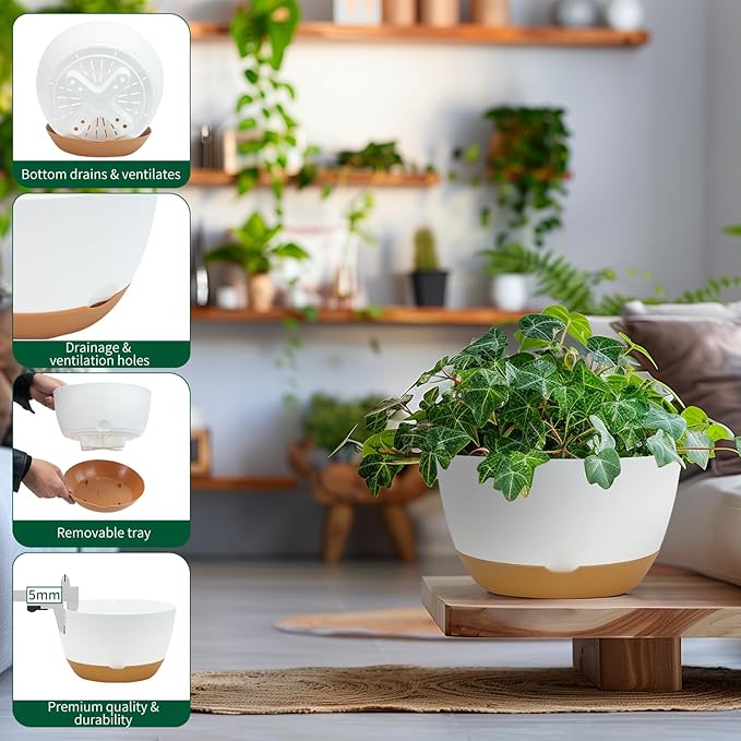 8/10/12 Inch Pots for Indoor Plants, Large Self Watering Planters with Drainage and Saucers, Plastic Outdoor Flower Pot, Set of 3, White