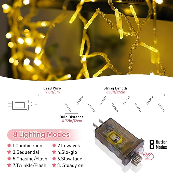 Heceltt 1600 LED 630 FT String Lights Outdoor, 8 Modes Warm White Christmas Lights Plug in, IP44 Waterproof Led String Lights with Timer and Memory for Xmas Holiday Wedding Decorations