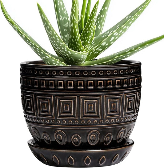 G EPGardening Ceramic Plant Pot - 5.5 Inch Ceramic Planter for Indoor Plants, Boho Round Indoor Flower Pot with Drainage Hole and Saucer, Plant Lover Gifts, Garden Home Room Decor, Black