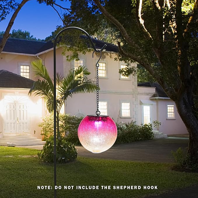 Hanging Solar Lights Outdoor Solar Lanterns Outdoor Decorative Cracked Glass Ball Lights Solar Powered Waterproof LED Globe Lantern for Outdoor Porch Patio Garden Decor Gift Red