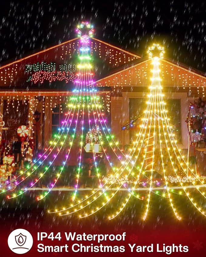 16.5FT Smart Outdoor Christmas Decoration Star String Lights, DIY Color Changing LED Yard Lights App Control Music Sync, Timer, Group Control Waterproof Waterfall Tree Lights for Outside