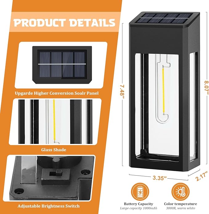 GOODFOEVER Solar Outdoor Lights Waterproof, 4 Pack Fence Lights Solar Powered with LED Bulbs, Metal Wall Lights for Garden Porch Patio Yard and Garage, Aluminum and Glass Shade (Wall Light 4 Pack)