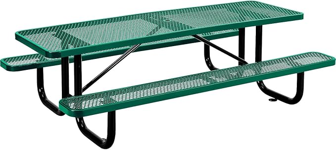 Global Industrial 8’L Rectangular Picnic Table, Expanded Metal, Green Thermoplastic Coating, Attached Benches, 1-1/2” Umbrella Pole Hole, Outdoor-Rated, 1000 lb Capacity, 96” x 30” Tabletop