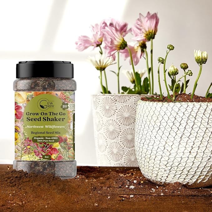 Geva Grow on The Go Seed Shaker - Northwest Wildflower Seeds Regional Mix - Organic, Non-GMO - 100% Pure Seed - 20 Different Wildflowers Seeds of Annual and Perennial, 2oz