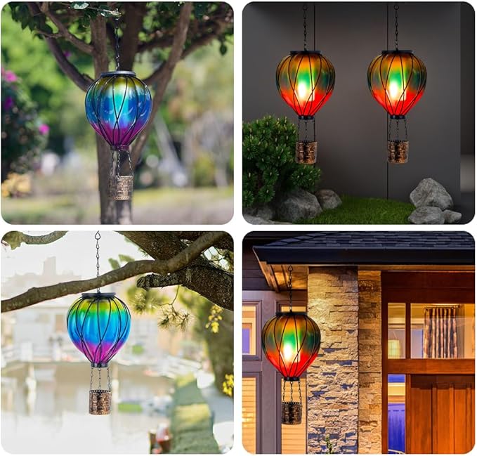 Gradient Color Solar Hot Air Balloon Outdoor Lantern with Flickering Flame Hanging Outdoor Lantern Waterproof Decorative Lantern Lamp for Patio, Garden, Porch