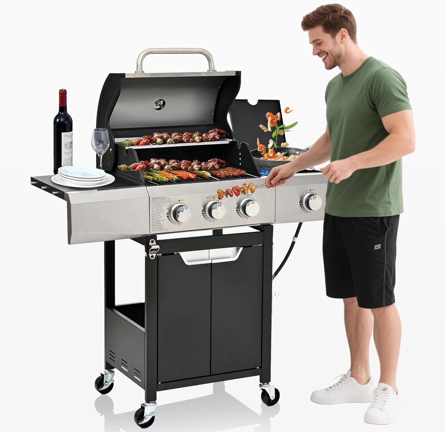 3-Burner Propane Gas BBQ Grill with Side Burner, Porcelain-Enameled Cast Iron Grates and Side Tables, 40,500 BTU Stainless Steel Grill for Outdoor Camping Barbecue Grilling Backyard Cooking