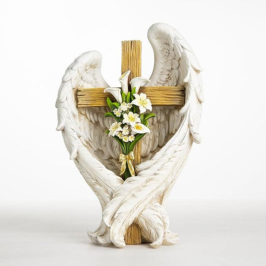 12" Angel Wings Embracing Cross and Calla Lily Garden Statue Memorial Statue