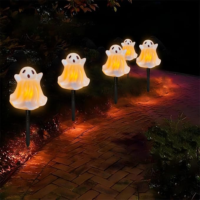Halloween Ghosts Pathway Marker Lights, 7Ft C7 LED Outdoor Halloween Decorations String Lights Waterproof with 4 White Ghost Walkway Lights Plug in for Outdoor Halloween Party Garden Patio Garden Lawn