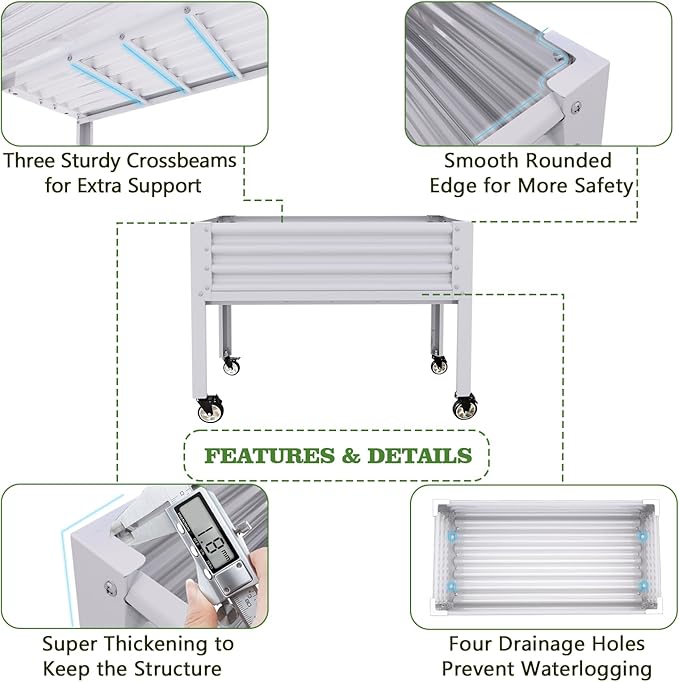 A ANLEOLIFE 6-Set Galvanized Raised Garden Bed with Legs,48x24x35in Large Elevated Planter Box on Wheels with Drainage Holes for Backyard, Balcony, Patio, 600lb Capacity, Antique White