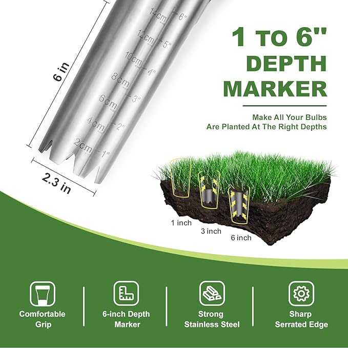 Haliaeetus Bulb Planter Tool, 6 inches Depth Mark Hand Bulb Planter, Non-Bending Stainless Steel Bulb Planter Digger, Garden Bulb Transplanter with Comfortable Wood Handle for Planting Tulip, Daffodil
