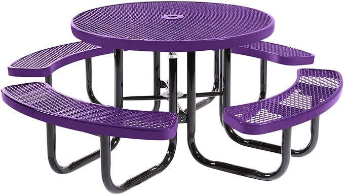 Heavy-Duty Portable Outdoor Picnic Table with Umbrella Hole, Expanded Metal Commercial-Grade Patio Dining Furniture Made in America (46" Round Top, Purple)