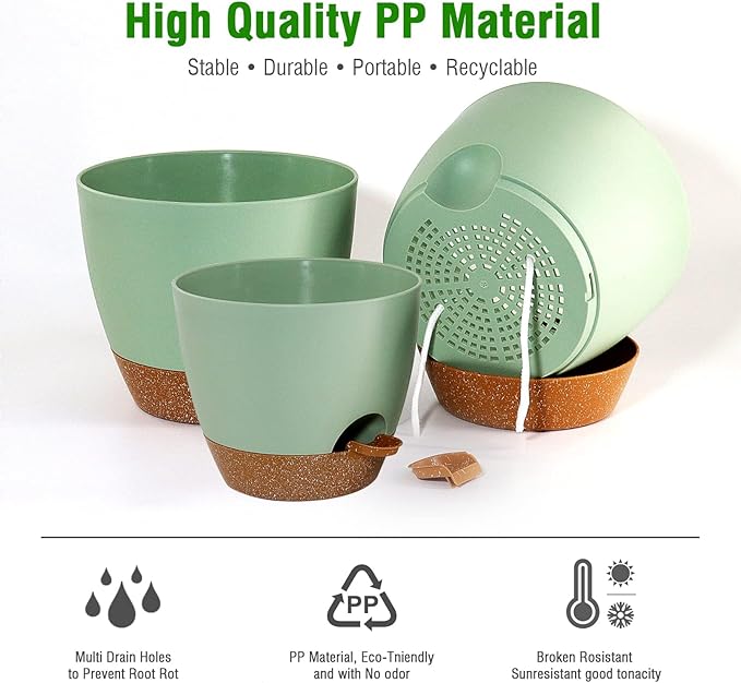 10/9/8 inch Self Watering Pots, Set of 3 Plastic Planters with Mesh Drainage Holes and Deep Reservoir for Indoor Outdoor Garden Plants and Flowers, Green with Brown