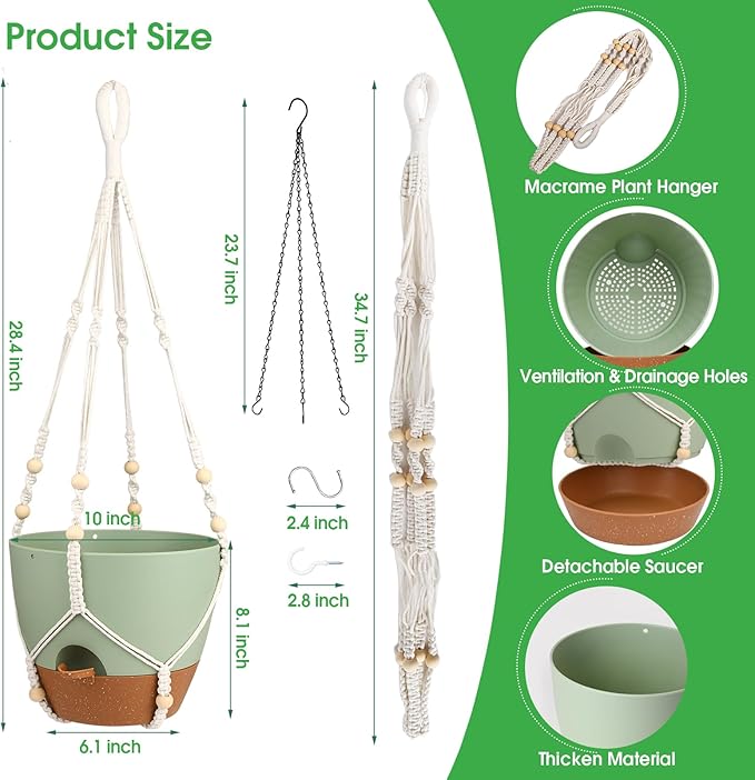 Hanging Planters for Indoor Outdoor Plants, 2 Pack Self Watering Hanging Pot with Drainage Holes, Removable Tray & 2 Kinds of Plant Hangers, 10'' Hanging Flower Pots for Home Garden Decor, Green