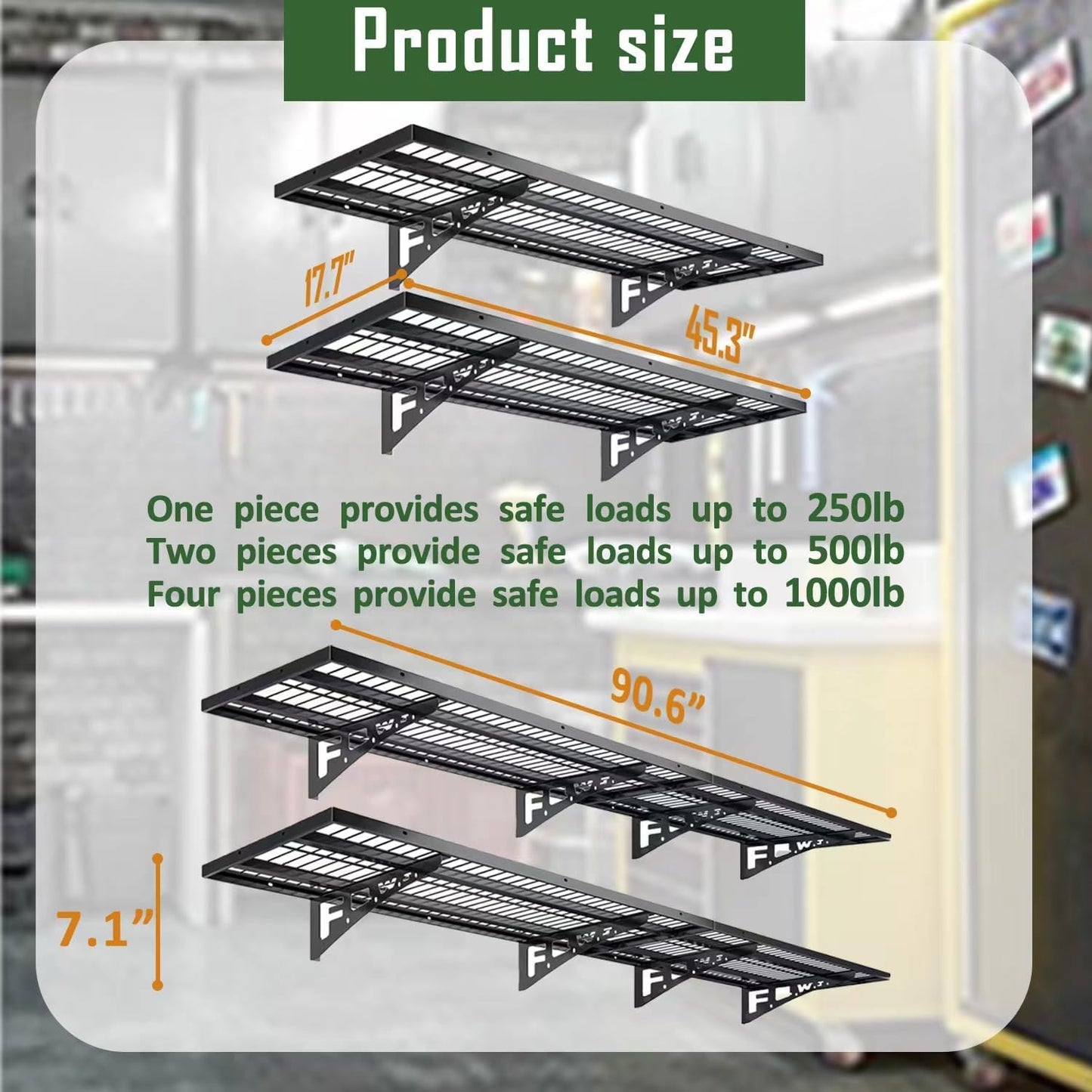 1 Pack Garage Wall Shelving, Heavy Duty 1.5' x 3.8' Wall Mount Storage Shelf with Hooks, Garage Storage Rack Floating Shelves, Holds 250 lbs Each
