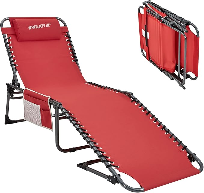#WEJOY Outdoor Folding Chaise Lounge Chair for Outside, Patio, Beach, Poolside, Sunbathing, Adjustable 5-Position Reclining Chairs, Heavy Duty Camping Cot with Shoulder Strap and Pillow, Red