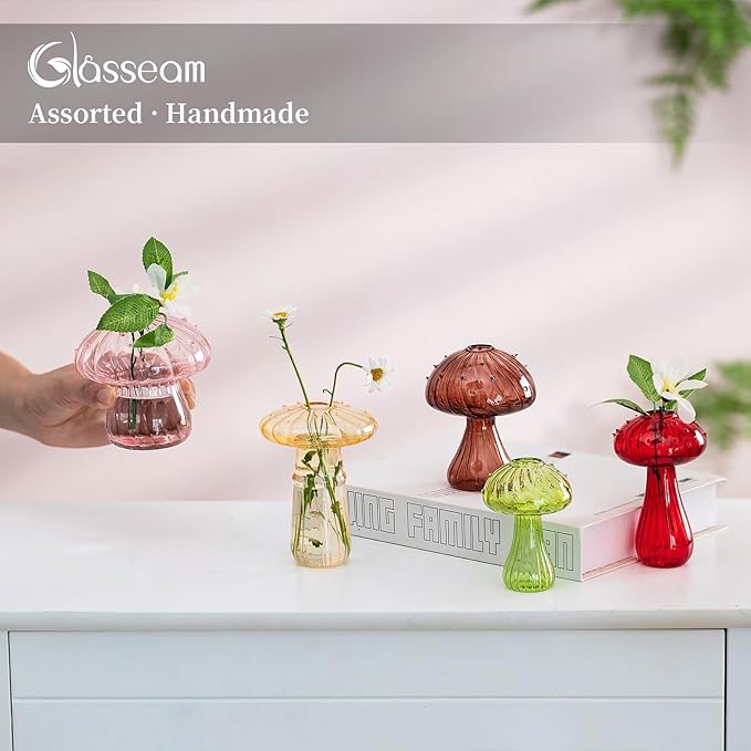 Glasseam Mushroom Glass Planter, Set of 5 Colored Plant Propagation Station, Mini Terrarium for Plants, Unique Small Glass Vase for Flowers, Cute Hydroponic Indoor Planters Gifts for Women Room Decor