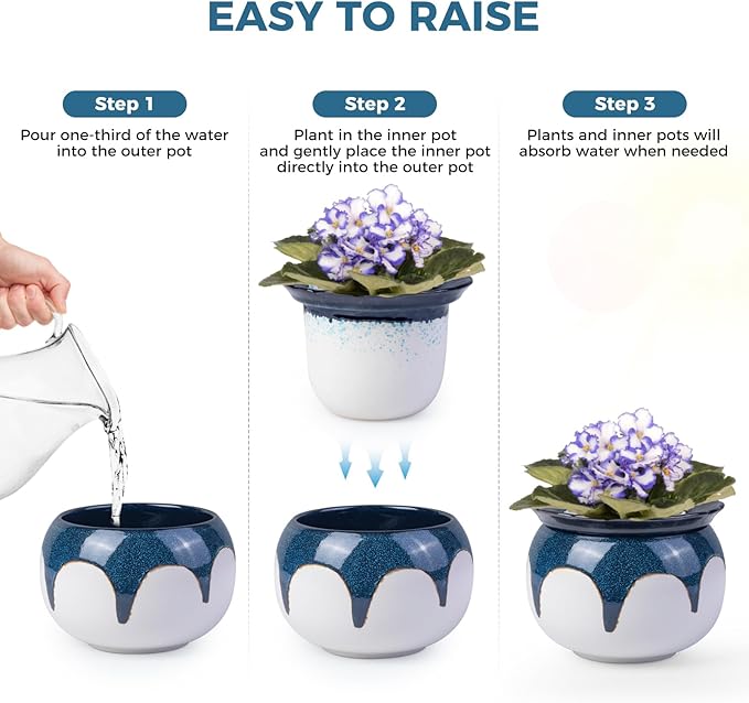 African Violet Pots, 6 inch Ceramic Easy Self Watering Plant Pot for Busy Plant Lovers, Automatically Absorb Appropriate Amount of Water, Flower Pot Indoor-Plants Not Included(Blue)
