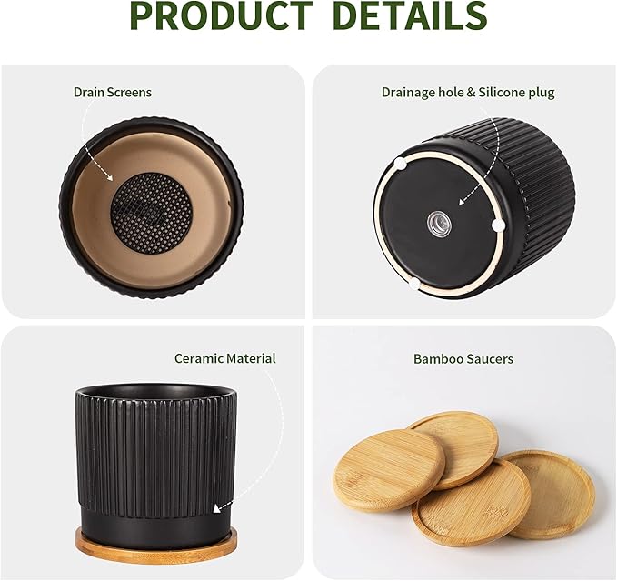 AOMRYOM 4.25 Inch Small Garden Ceramic Plant Pots with Drainage Holes and Tray, Modern Flower Planter Pots for Indoor Plants, Succulent, Cactus and Herbs, Black Stripe, Set of 4 (Plant Not Included)