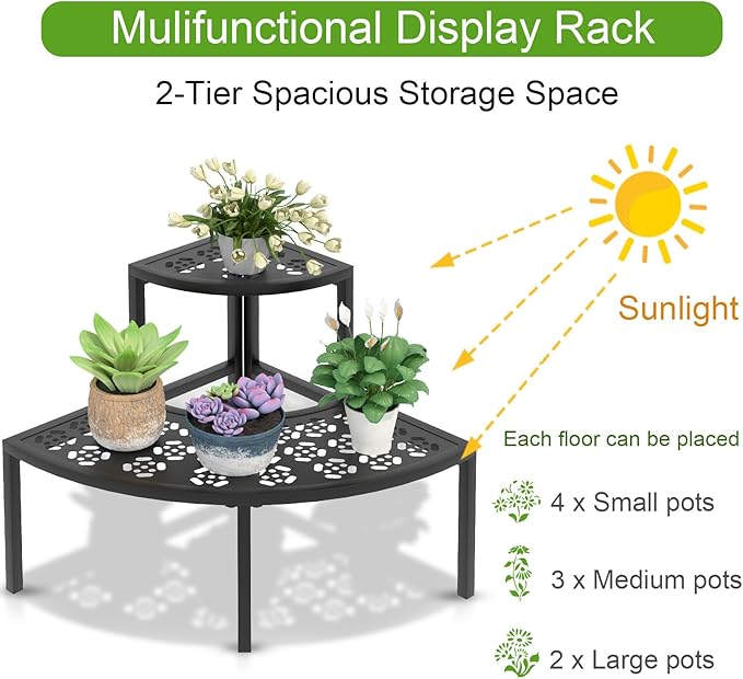 aboxoo 2 Tier Plant Stand Flower Pot Rack for Patio,Metal Stair-Step Style Corner Shelf Planters,Hevay Duty Plant Stand,Quarter Round Display Holder for Indoor Outdoor Use(Black)