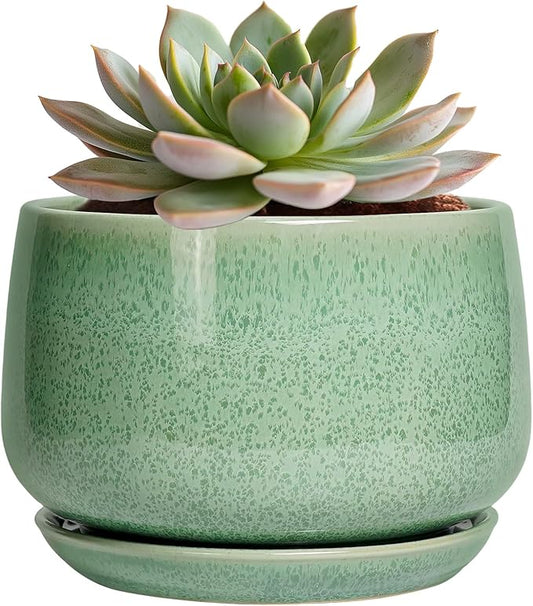 G EPGardening Ceramic Pots for Plants - 6 Inch Plant Pot with Drainage Hole and Saucer, Modern Ceramic Planter for Indoor Outdoor, Round Flower Planter, Gifts for Plants Lovers, Home Decor, Green