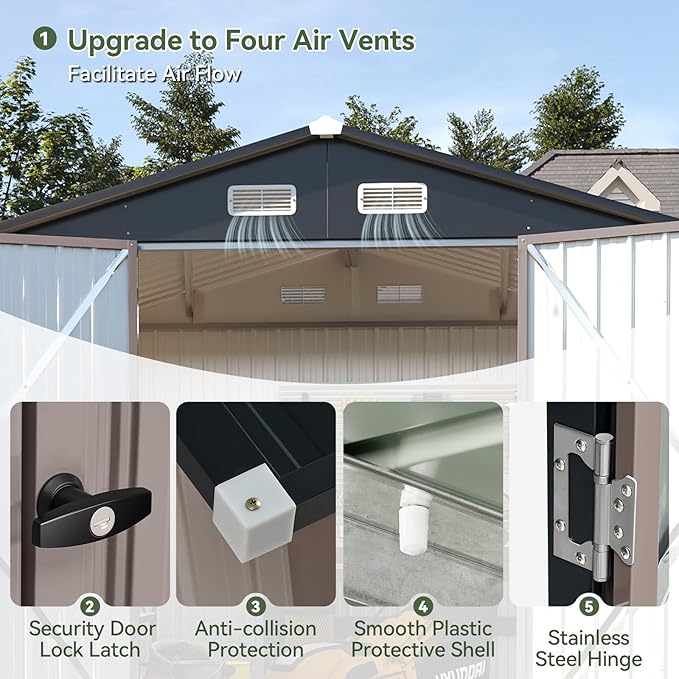 Aoxun 7x5 FT Outdoor Storage Shed Garden Metal Shed with Lockable Door Outdoor Large Shed for Tool, Garbage Can, Bike, Mower, Brown