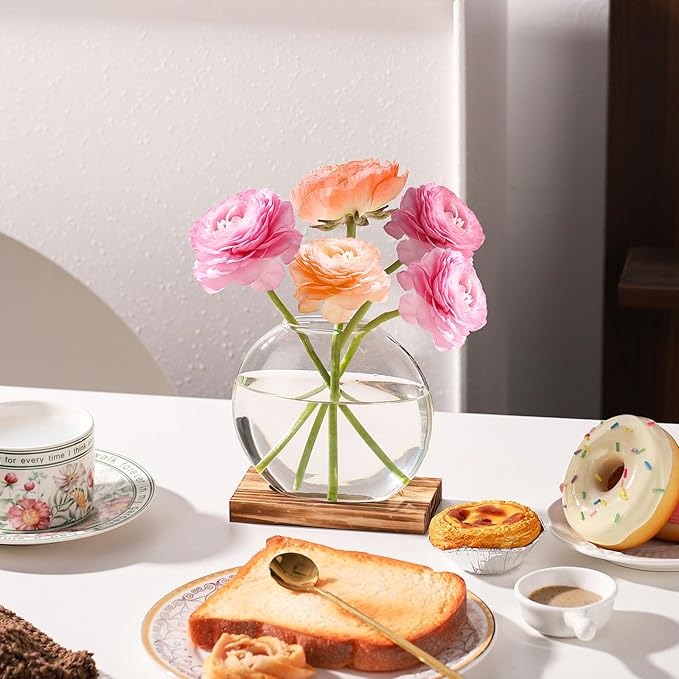 2 Pack Plant Propagation Station with Wooden Base Glass Terrariums for Indoor Plants Decorative Round Vases for Flowers Hydroponic Planter for Home Office Decor