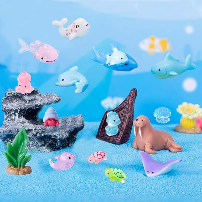45 Pcs Mini Ocean Resin Animals Marine Miniature Animals Figurines Tiny Sea Animals Small Plastic Animals Micro Aquarium Ornaments Décor for DIY Fish Tank Fairy Garden Dollhouse Accessories