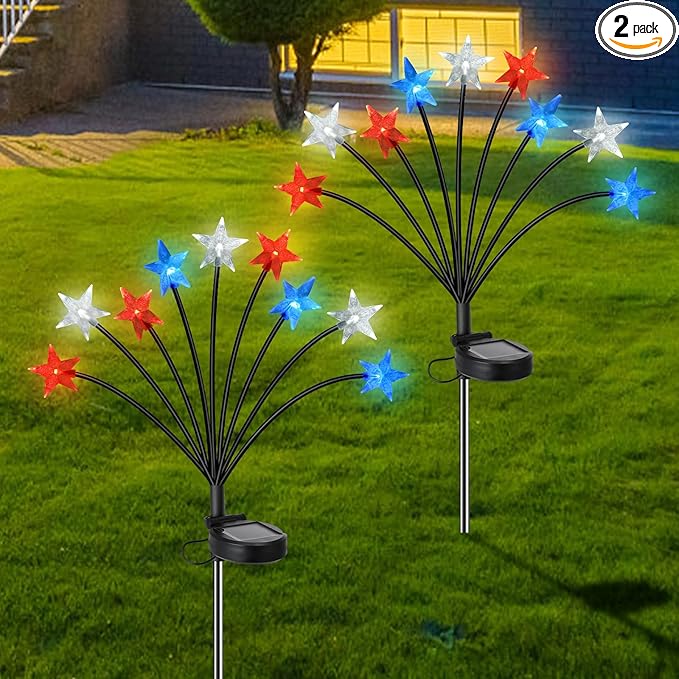 4th of July Decorations Solar Garden Lights, Fourth of July Red White and Blue Light Solar Lights Outdoor, Waterproof Patriotic Decor with 9 LED 2 Lighting Modes for Independence Day, 2 Pack
