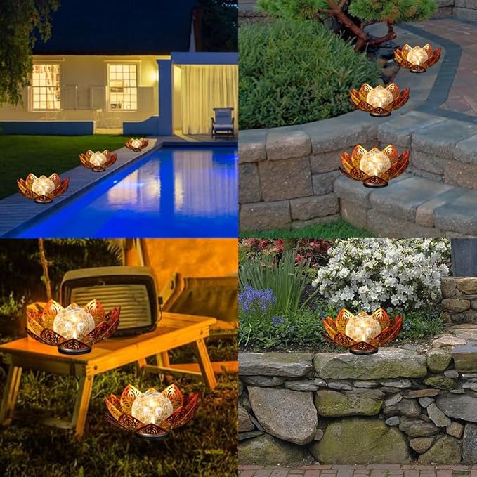 12 inches Solar Lights Outdoor Garden, Crackle Globe Glass Lotus Decoration, Waterproof LED Metal Flower Lights for Patio,Lawn,Walkway,Tabletop,Ground Gardening Gifts (Gold Hollow)