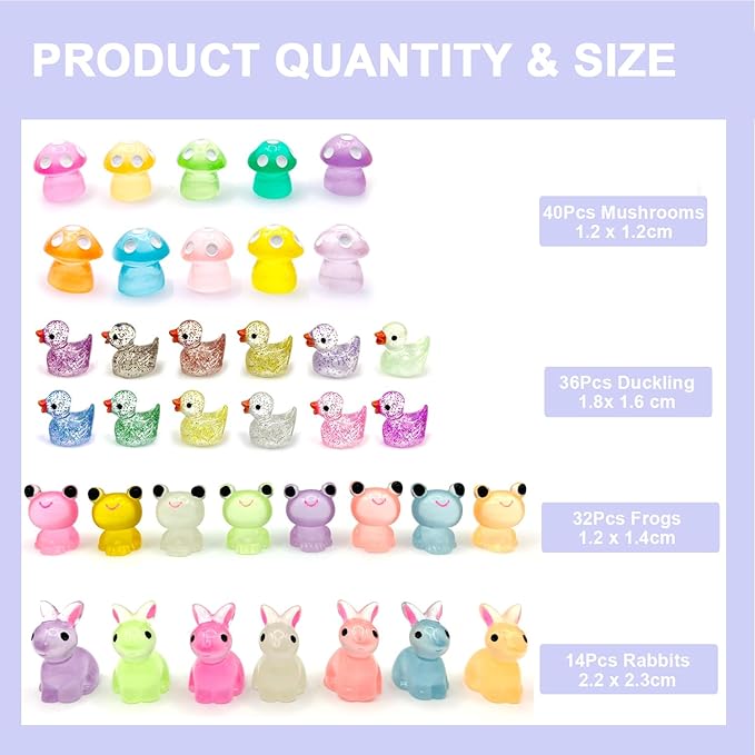 122Pcs Luminous Mini Resin Animal Figurines Glow in The Dark Cute Rabbits Frogs Mushrooms Glitter Ducks 4 Combination Miniature Figurines Set for Office Garden Decoration Aquarium Home Party Decor