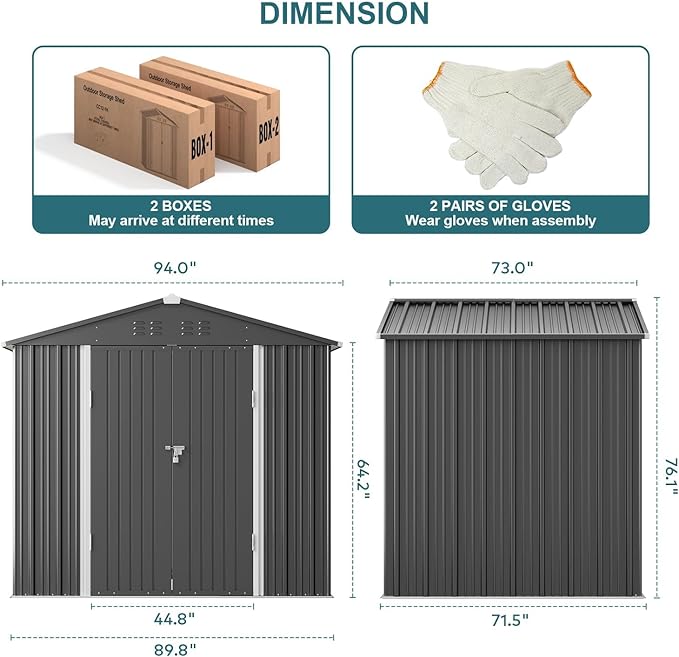 Gizoon Outdoor Storage Shed 8 x 6 FT, Galvanized Metal Garden Shed with Double Lockable Doors, Outdoor Storage Clearance for Backyard Patio Lawn-Dark Grey