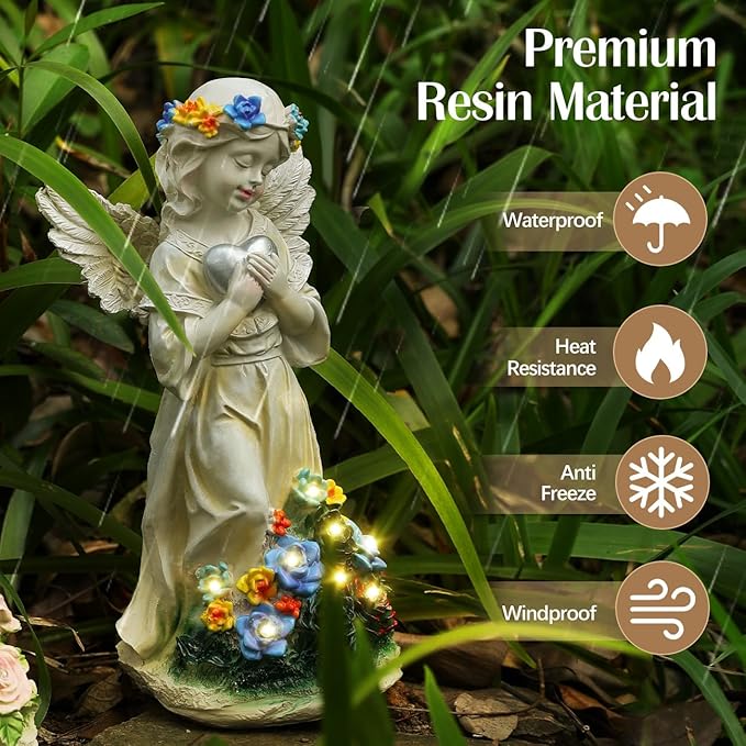 Angel Garden Statue 2Pcs,Love Heart Solar Garden Decor with Warm Light,Waterproof Praying Angel Statue with Flowers,Outdoor Garden Decor Sculpture for Lawn Yard Patio Garden Gifts,Apricot