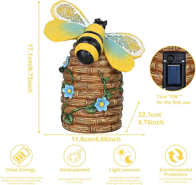 Garden Statue Bee Decor-Outdoor Statue Bees Decorations-Solar Garden Light Bumble bee Figurine Patio,Balcony,Yard,Lawn Ornament Mom Gift