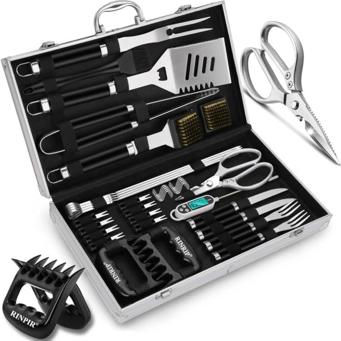 35pcs Deluxe Grilling Gifts Set for Birthday Fathers Day, Stainless Steel BBQ Accessories Kit for Men Dad, Professional Grill Tools Utensils with Scissors, Meat Claws in Aluminum Case Black