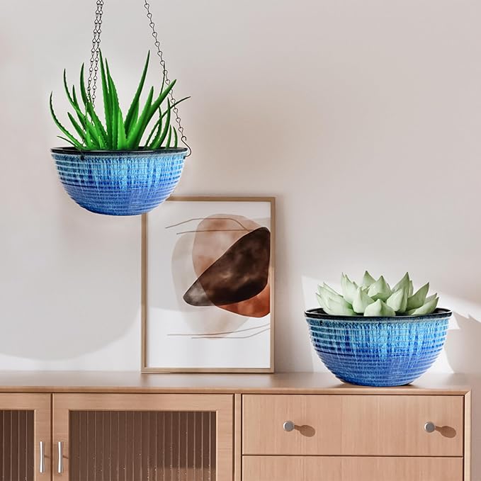 10in Hanging Planters for Indoor and Outdoor Plants, 2 Pack Hanging Planter with Drainage Hole, Round Hanging Flower Pots for Garden Home Decor (Blue Glaze)