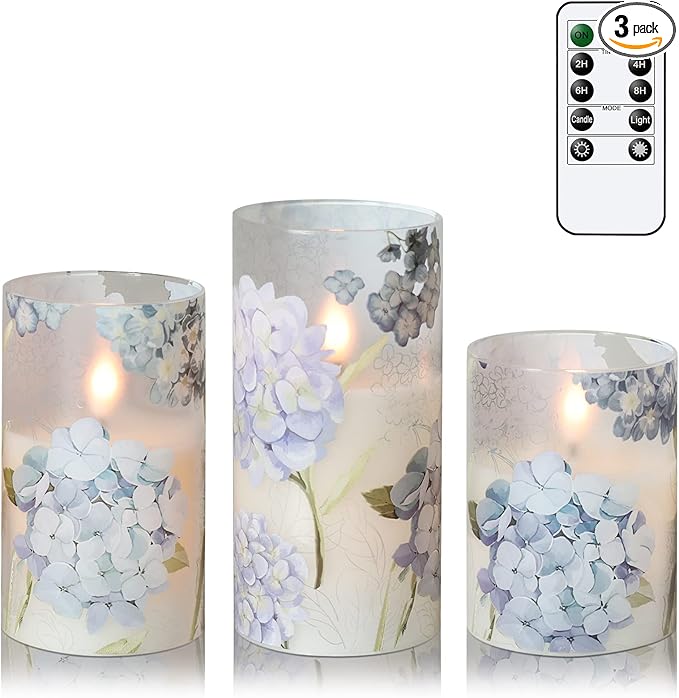 Hydrangea Flameless Candles Flickering, Spring LED Battery Operated Candles with Remote Timer, Glass and Real Wax Pillar Candles for Garden Home Decor(Set of 3, D3 xH4 5" 6")