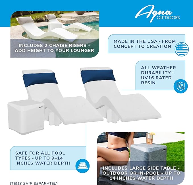 Aqua Outdoors in-Pool DEEP Ledge Chaise Set - Two Chaises - Two Headrest Pillows - Chaise Risers and One Large in Pool Side Table - for ledges 9"-14" inches Deep (White Granite-Navy)