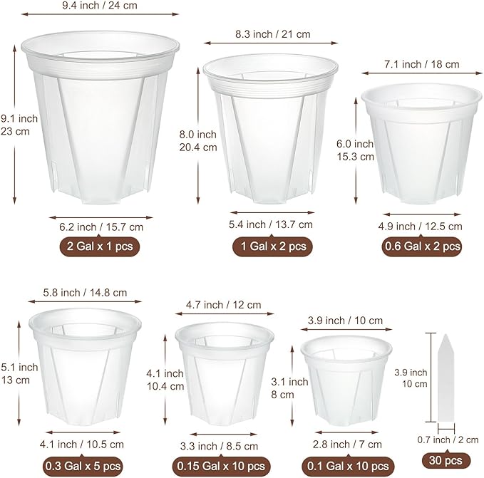 3.9-9.4 Inch Big Size Clear Nursery Pots with Drainage, 6 Sizes 30 Packs Nursery Garden Pots with 30 Plant Labels for Seedling Plants, Nursery Pots Variety for Indoor Outdoor Seed Starter Flower Pots